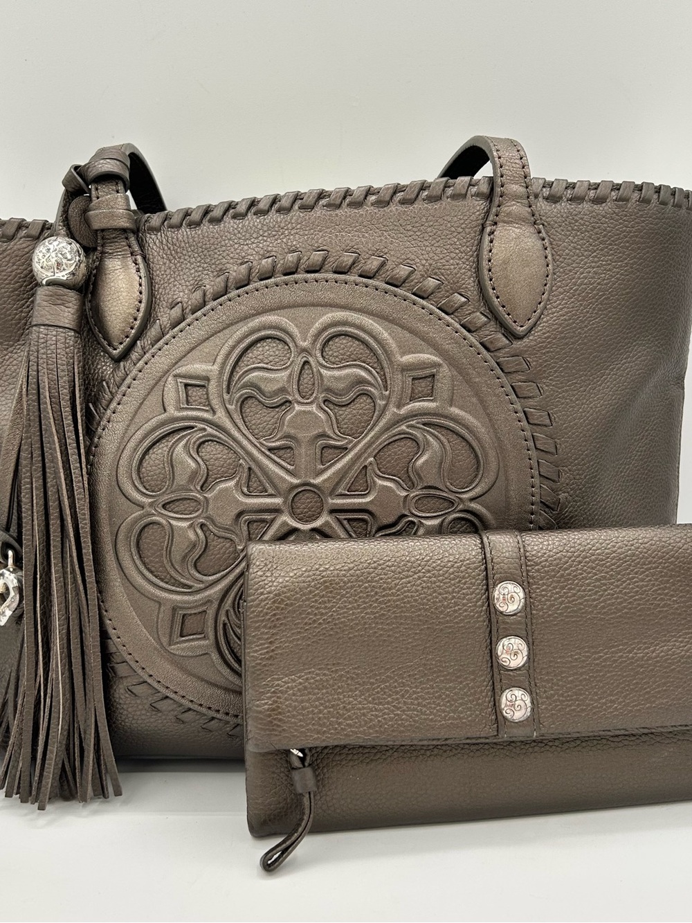 Brighton Metallic Pewter Leather Tote with Embossed Medallion & Matching Wallet